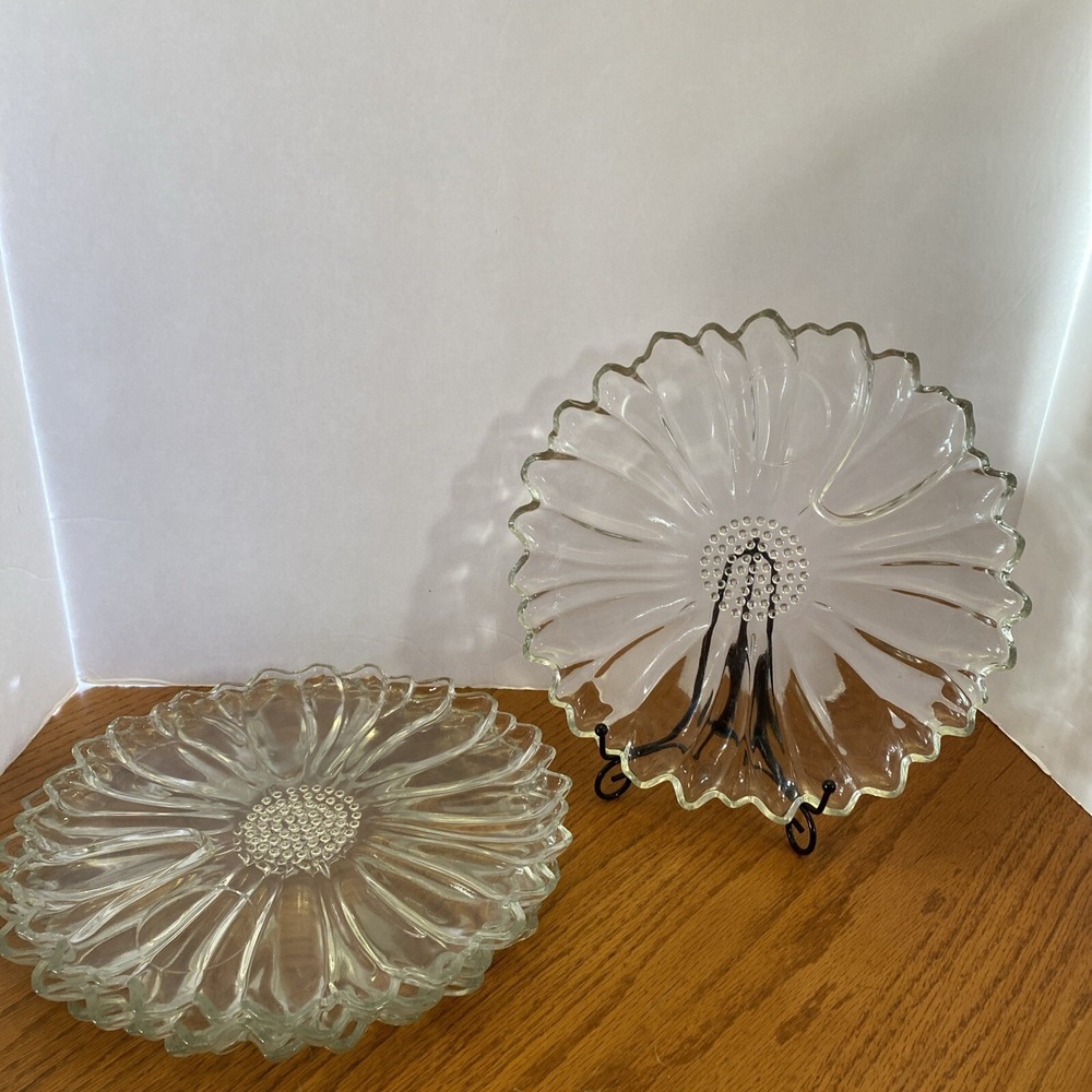 Vintage Federal Glass Sunflower Snack Plates Clear Pressed Glassโ Set of 4